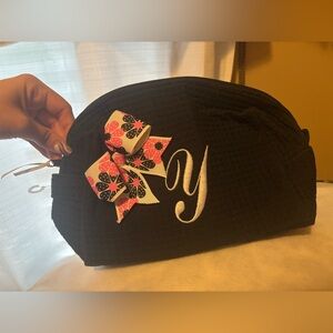 Black Monogram “Y” Cosmetic Pouch with Pink Floral Bow